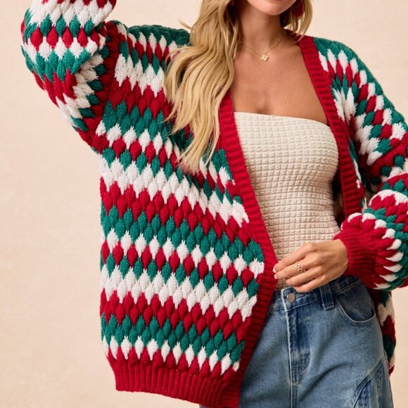 BIBI Christmas Chunky Knit Red Green White Cardigan - Picture 9 of 14
